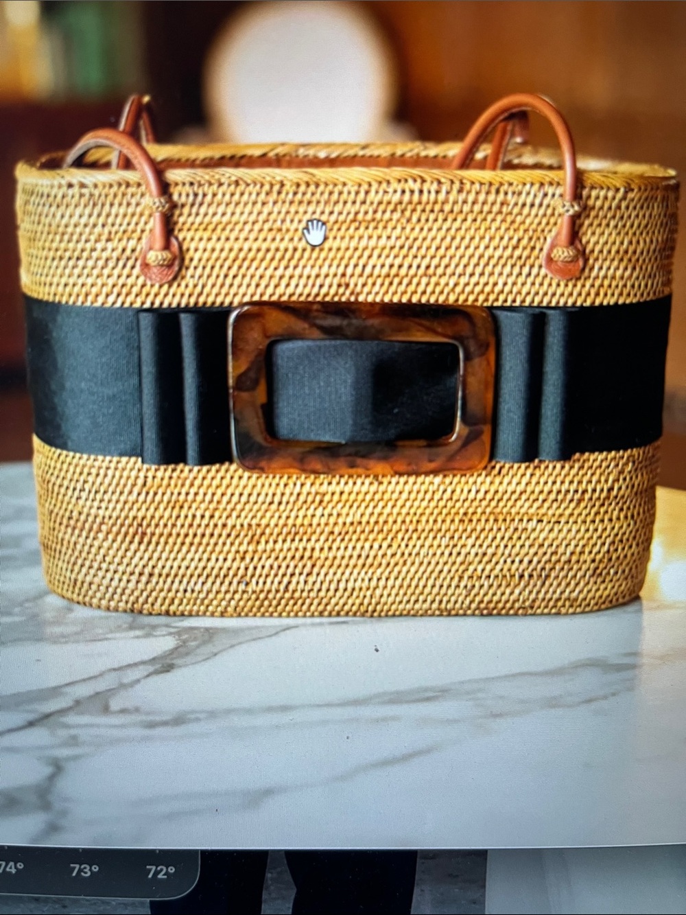 Woven Straw Tote with Black Accent and Tortoiseshell Buckle